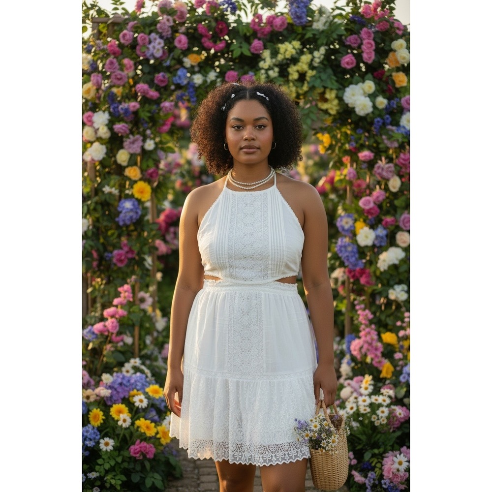 LoveShackFancy Kesia Dress White Cotton Lace Cutout Halter Mini XXL D1973-1586